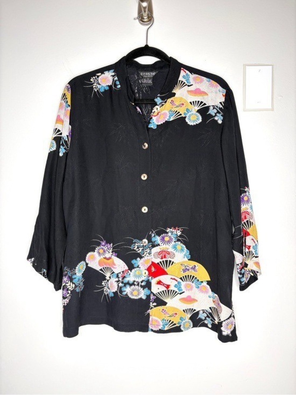 Citron Santa Monica Blouse Silk Japanese Fan Floral Mandarin In Black